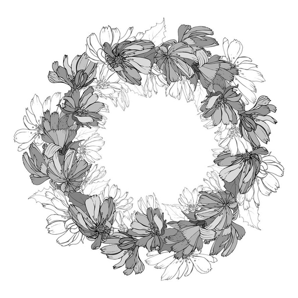 白い背景、ベクトル、イラストで隔離されたチコリの花と美しい花の花輪 - ベクター画像