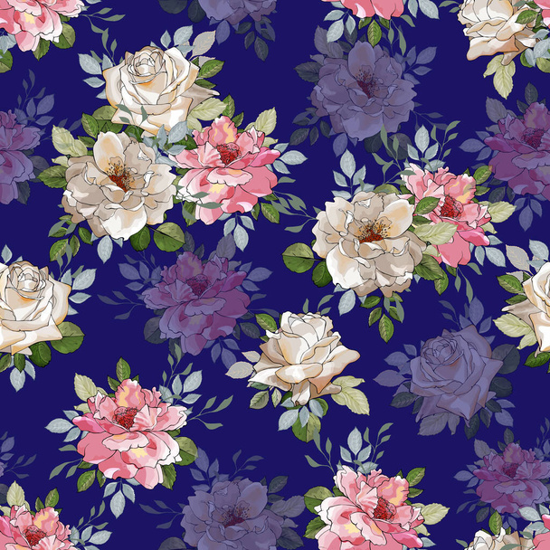 Patrón sin costura vectorial con flores y hojas de rosas, Patrón floral para textiles - Vector, Imagen