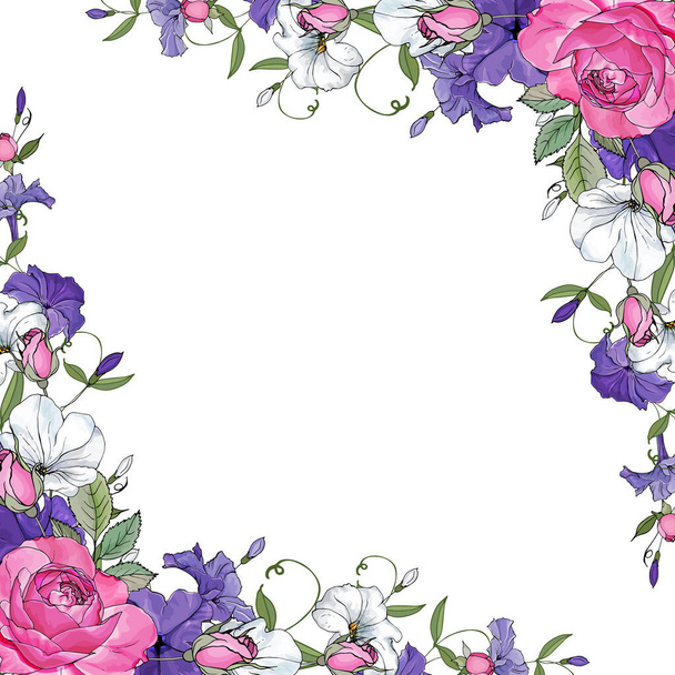 krásný květinový rám s květy izolované na bílém pozadí, vektor, ilustrace - Vektor, obrázek