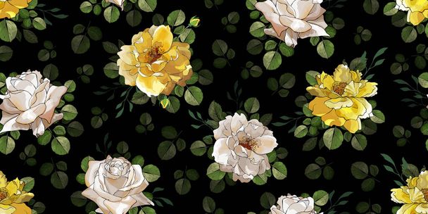 花や葉でベクトルシームレスパターン,繊維のための花のパターン - ベクター画像