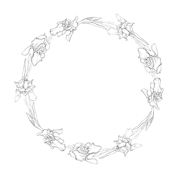 beautiful floral wreath with iris flowers isolated on white background, vector, illustration - ベクター画像