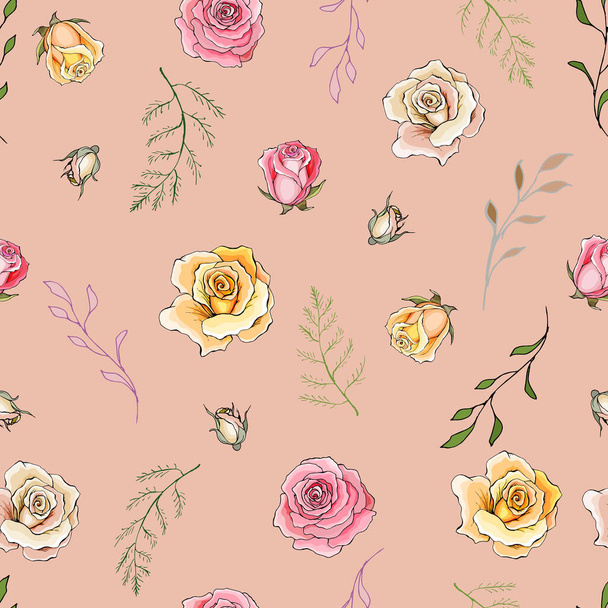 Patrón sin costura vectorial con flores y hojas de rosas, Patrón floral para textiles - Vector, Imagen