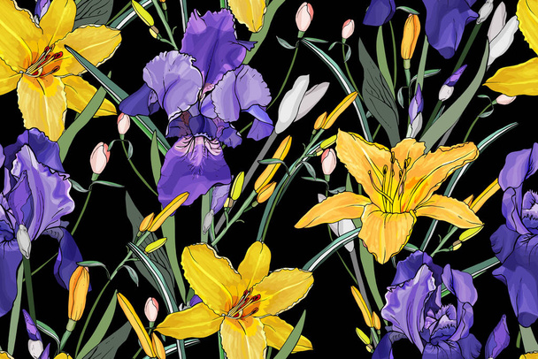 Wektor bezszwowy wzór z irysy kwiaty i liście, wzór kwiatowy dla tekstyliów - Wektor, obraz