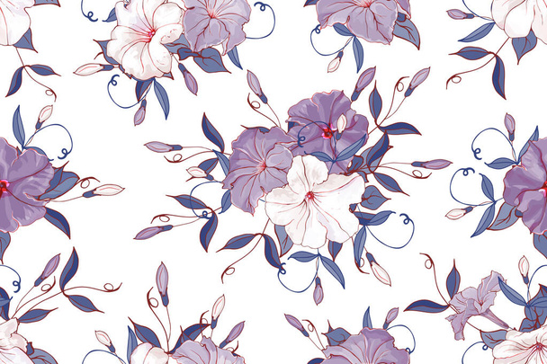 Vektorový bezešvý vzor s květy a listy petunie, květinový vzor pro textil - Vektor, obrázek