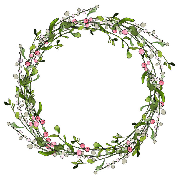 beautiful floral wreath with mistletoe berries isolated on white background, vector, illustration - Vector, Image