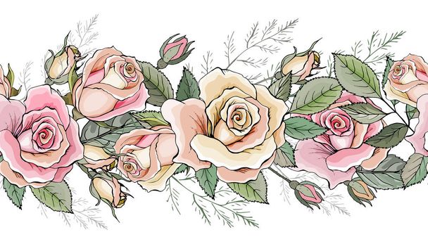 Virágkeret szegély rózsákkal virágok ünnepi kártya design  - Vektor, kép