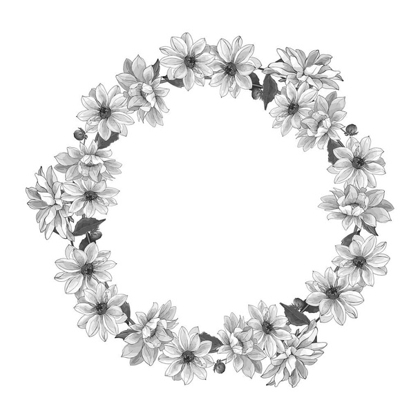 beautiful floral wreath with dahlias flowers, vector, illustration - ベクター画像