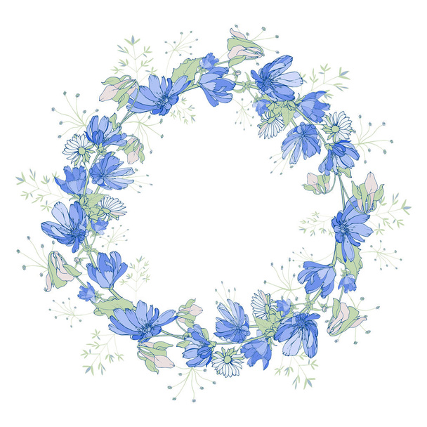 Virágkeret cikóriavirágokkal az ünnepi formatervezéshez  - Vektor, kép