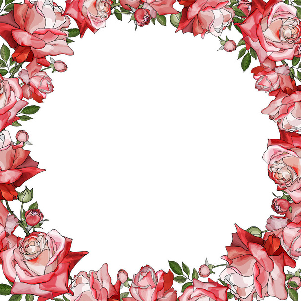 Beyaz arka plan, vektör, illüstrasyon üzerinde izole gül çiçekleri ile güzel çiçek çelengi - Vektör, Görsel