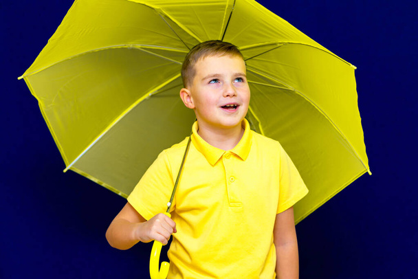 Atractivo colegial rubio caucásico sorprendido con paraguas en fondo de estudio azul.Boy muestra todo tipo de muecas. - Foto, Imagen