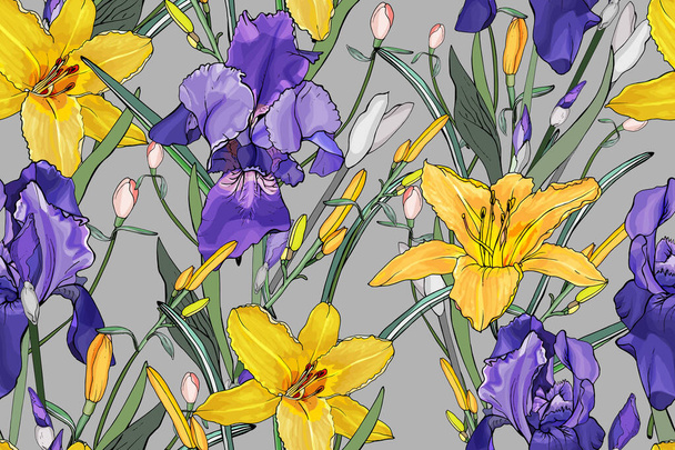 花菖蒲の花や葉のベクトルシームレスパターン、繊維のための花のパターン - ベクター画像