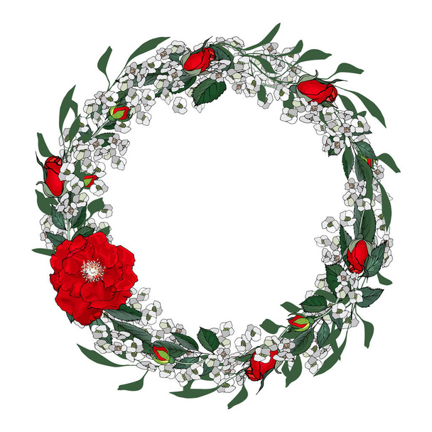 beautiful floral wreath with roses flowers isolated on white background, vector, illustration - Vetor, Imagem