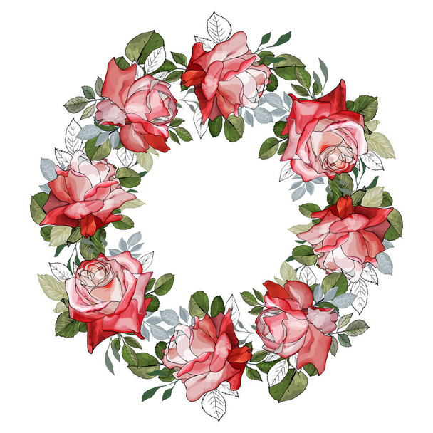 beautiful floral wreath with roses flowers isolated on white background, vector, illustration - Vector, imagen