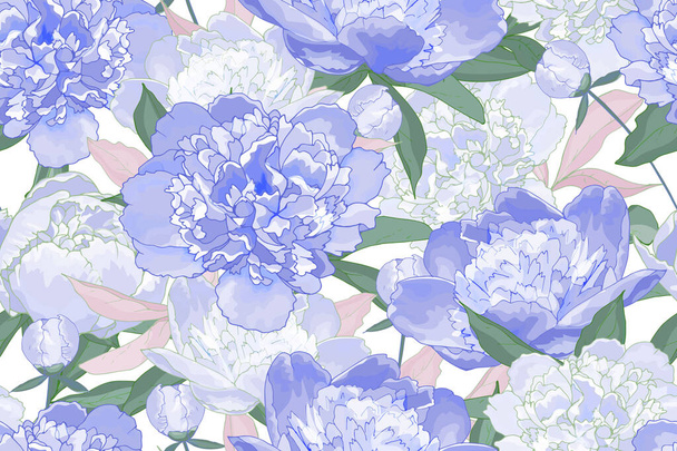 牡丹の花と葉のベクトルシームレスパターン、織物の花のパターン - ベクター画像