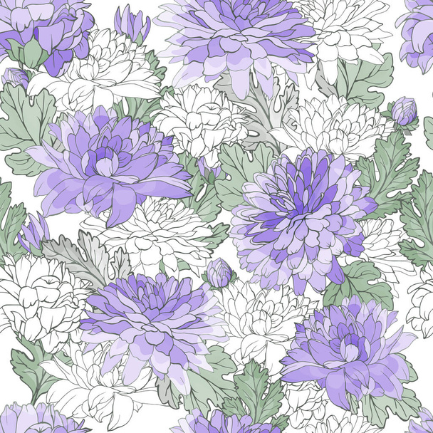 菊の花や葉のベクトルシームレスパターン、繊維のための花のパターン - ベクター画像