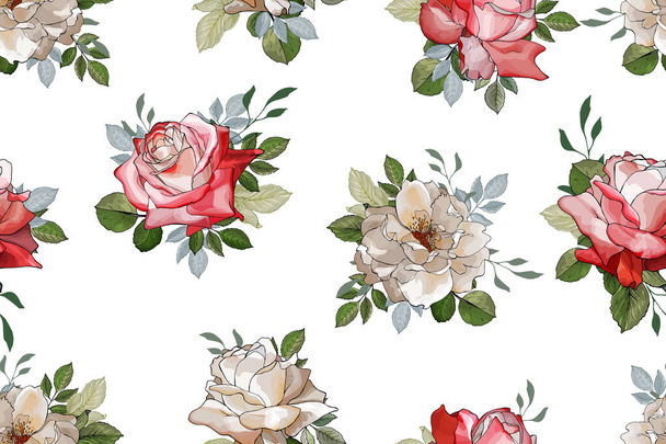 Vector seamless pattern with roses flowers and leaves, Floral pattern for textile - Vector, Imagen