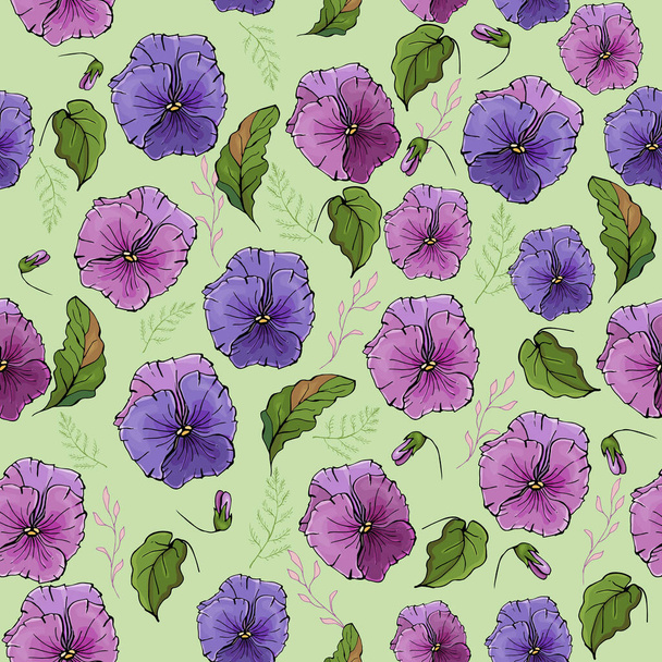 Modello senza cuciture vettoriale con fiori e foglie di viole, motivo floreale per tessuti - Vettoriali, immagini