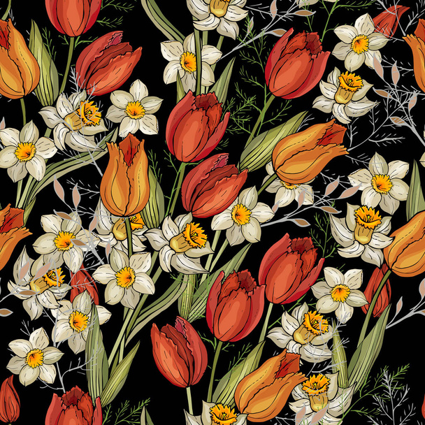 Векторный бесшовный узор с цветами и листьями тюльпанов, Цветочный узор для текстиля - Вектор,изображение