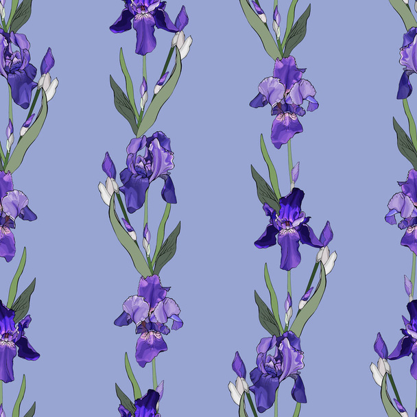 Vector seamless pattern with irises flowers and leaves, Floral pattern for textile - Vettoriali, immagini
