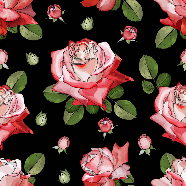 バラの花や葉のベクトルシームレスパターン、繊維のための花のパターン - ベクター画像