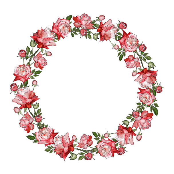 hermosa corona floral con rosas flores aisladas sobre fondo blanco, vector, ilustración - Vector, imagen