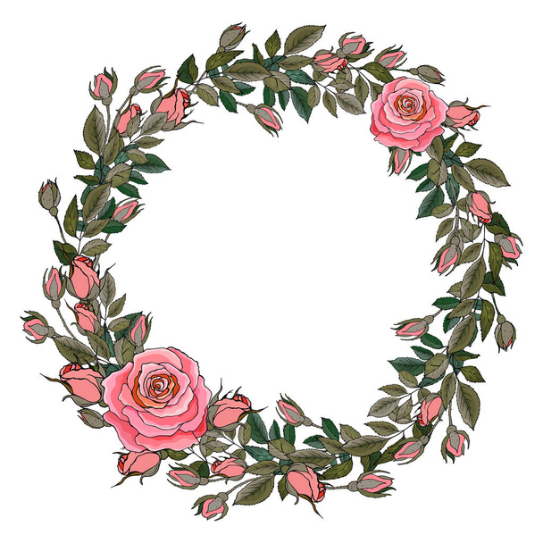 красивый цветочный венок с розами цветы изолированы на белом фоне, вектор, иллюстрация - Вектор,изображение