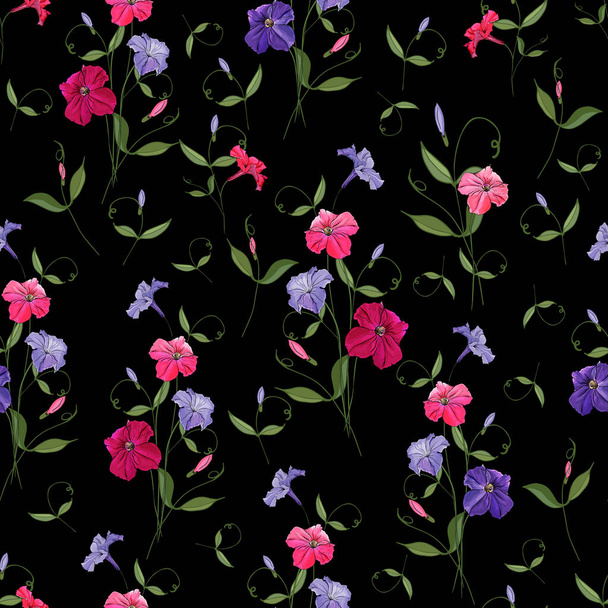Vector seamless pattern with petunia flowers and leaves, Floral pattern for textile - Vector, Imagen