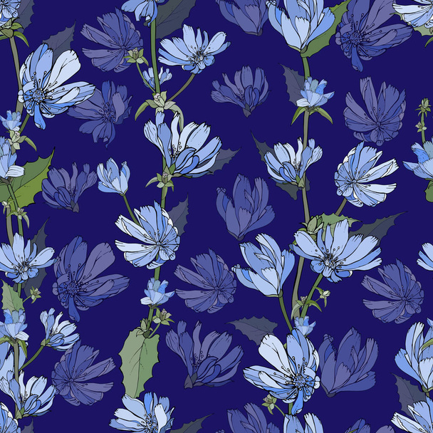 Διάνυσμα χωρίς ραφή μοτίβο με άνθη και φύλλα κιχωρίου, Floral μοτίβο για κλωστοϋφαντουργικά προϊόντα - Διάνυσμα, εικόνα