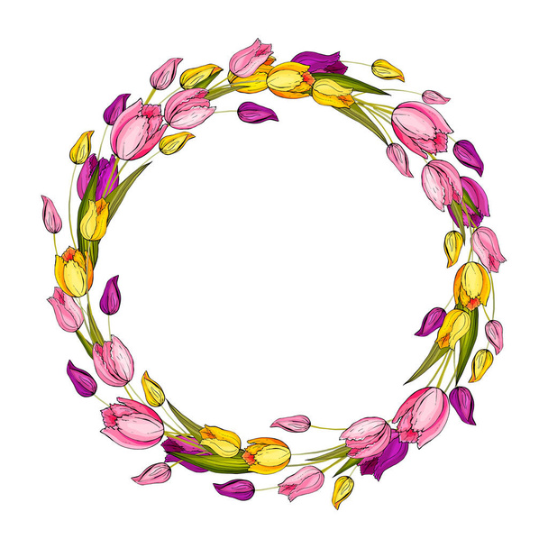 beautiful floral wreath with pink yellow tulips lowers isolated on white background, vector, illustration - Vektor, Bild