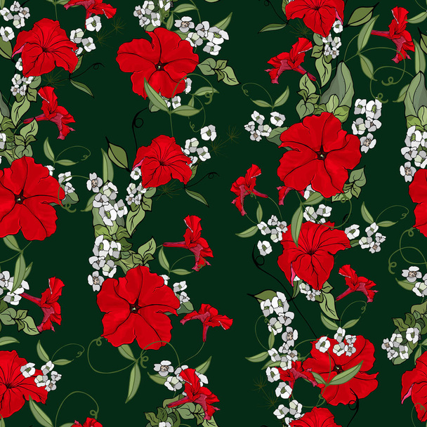 ペチュニアの花や葉のベクトルシームレスなパターン、繊維のための花のパターン - ベクター画像