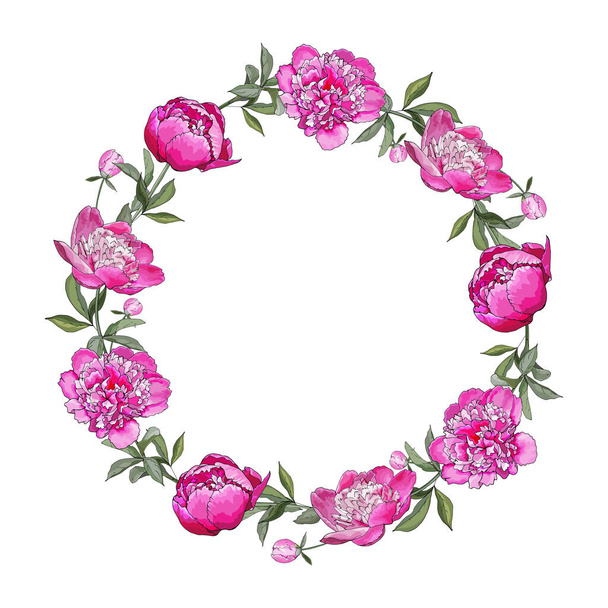 mooie bloemkrans met pioenrozen bloemen geïsoleerd op witte achtergrond, vector, illustratie - Vector, afbeelding