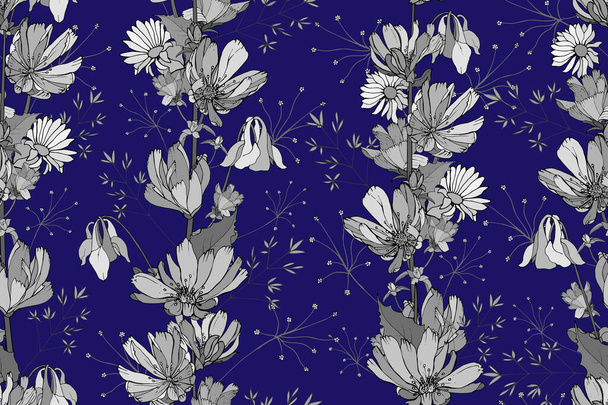 Patrón sin costura vectorial con flores y hojas de achicoria, Patrón floral para textiles - Vector, Imagen