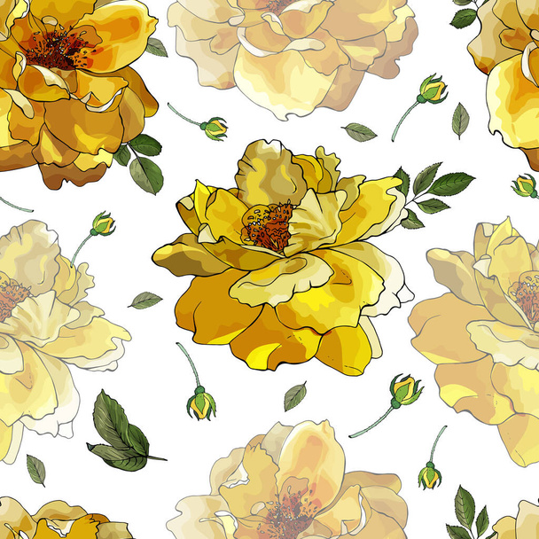 Padrão sem costura vetorial com flores de rosas e folhas, padrão floral para têxteis - Vetor, Imagem