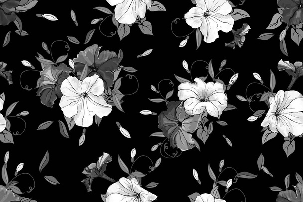 Motif vectoriel sans couture avec des fleurs et des feuilles de pétunia, Motif floral pour textile - Vecteur, image