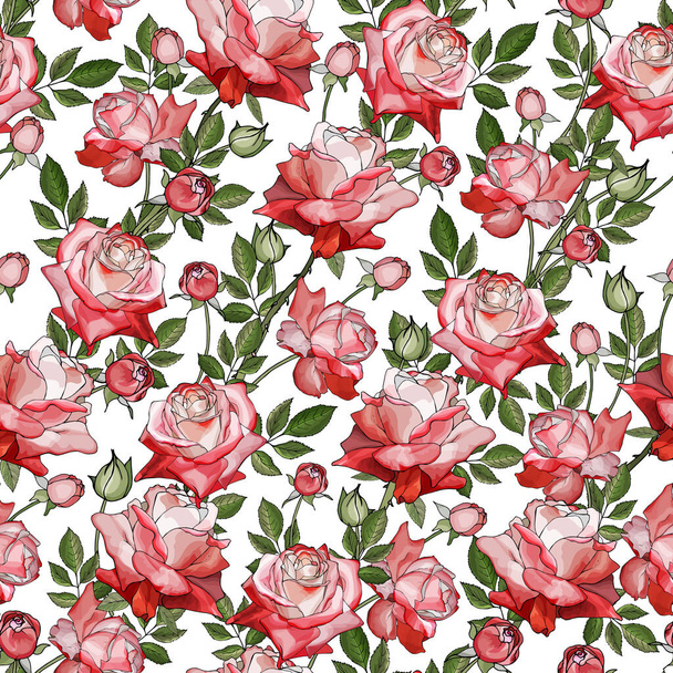Vektor zökkenőmentes minta rózsa virágok és levelek, Virágmintás textil - Vektor, kép