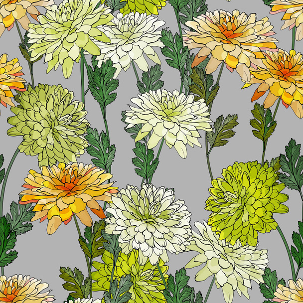 Patrón sin costura vectorial con flores y hojas de crisantemos, Patrón floral para textiles - Vector, Imagen