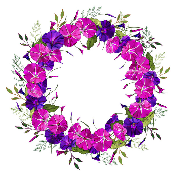 beautiful floral wreath with morning glory flowers isolated on white background, vector, illustration - Vector, Image