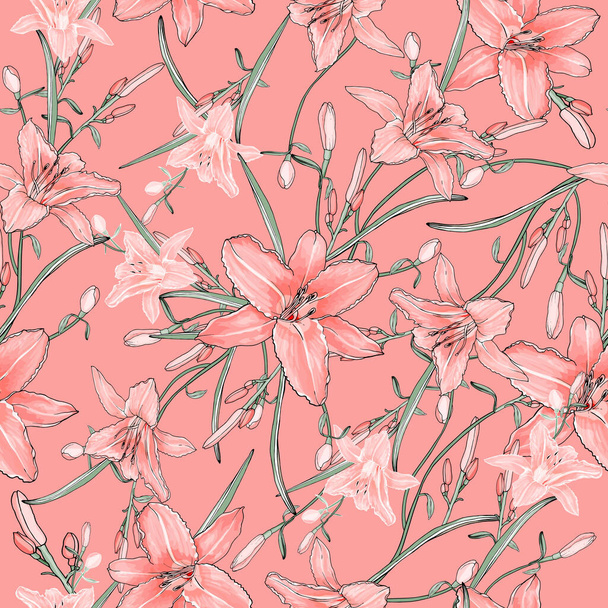 ユリの花や葉のベクトルシームレスパターン、繊維のための花のパターン - ベクター画像