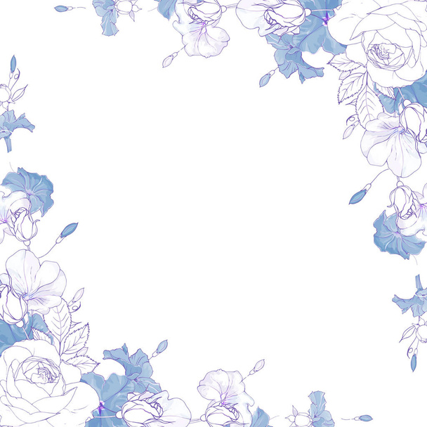 krásný ručně kreslený květinový rám s květinami, vektor, ilustrace - Vektor, obrázek