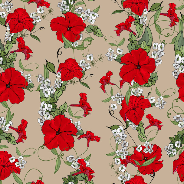 Vektorový bezešvý vzor s květy a listy petunie, květinový vzor pro textil - Vektor, obrázek