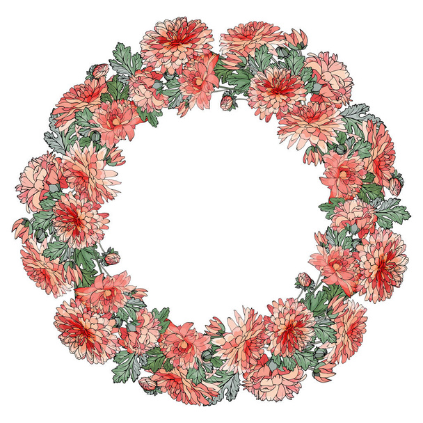 beautiful floral wreath with chrysanthemum flowers isolated on white background, vector, illustration - Вектор, зображення