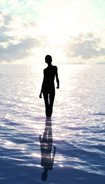 Uma menina magra entrando na água, fundo natural  - Foto, Imagem