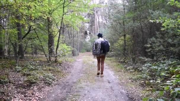 Kobieta spaceruje z plecakiem w drodze do lasu. turystyka jako sposób na życie - Materiał filmowy, wideo