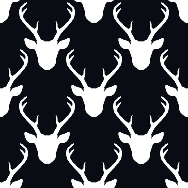 Seamless pattern with deer heads. Vector nature wildlife animal background. Hunting trophy black and white backdrop. - Vektori, kuva