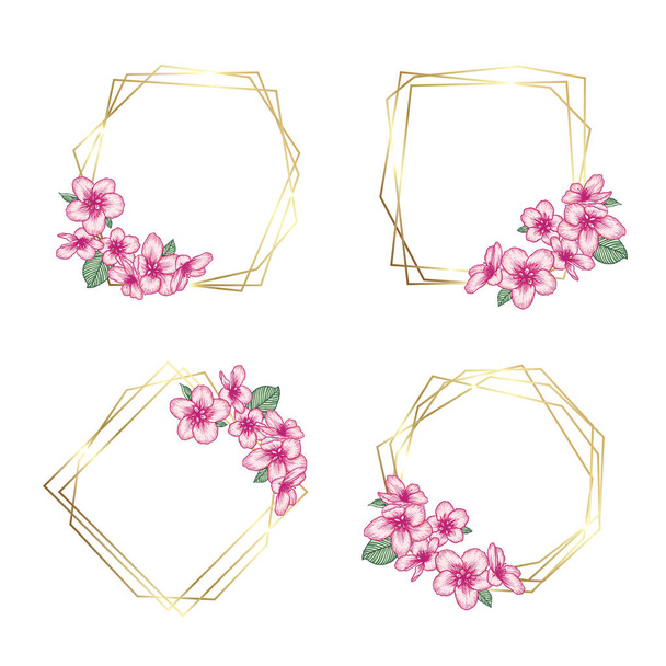 Vector botanical floral wedding invitation elegant card template set. Pink apple flowers and geometric golden frame. Romantic design for greeting card, natural cosmetics, women products. - Vektor, kép