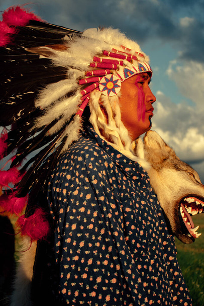 Őslakos amerikai férfi naplementekor szabadban a sztyeppén - Fotó, kép