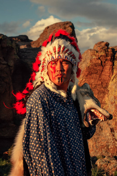Rdzenny Amerykanin o zachodzie słońca na stepie - Zdjęcie, obraz