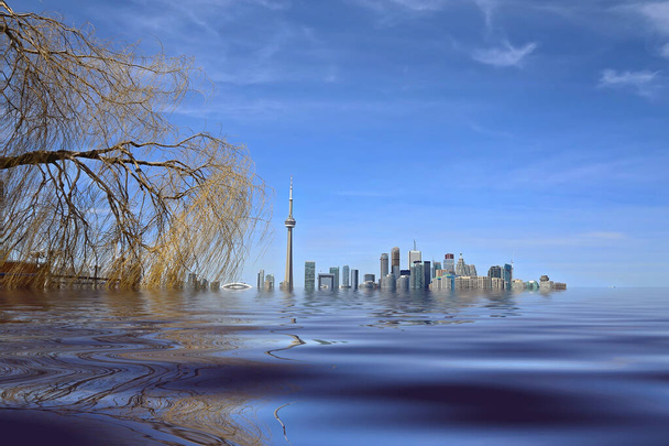 Koncepcja powodzi w Ontario Lake w Toronto z powodu katastrofalnych konsekwencji globalnego ocieplenia i zmian klimatu - Zdjęcie, obraz