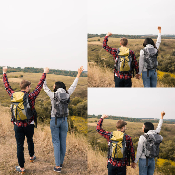 Collage of cheerful interracial couple with backpacks standing with landscape on blurred background - Valokuva, kuva