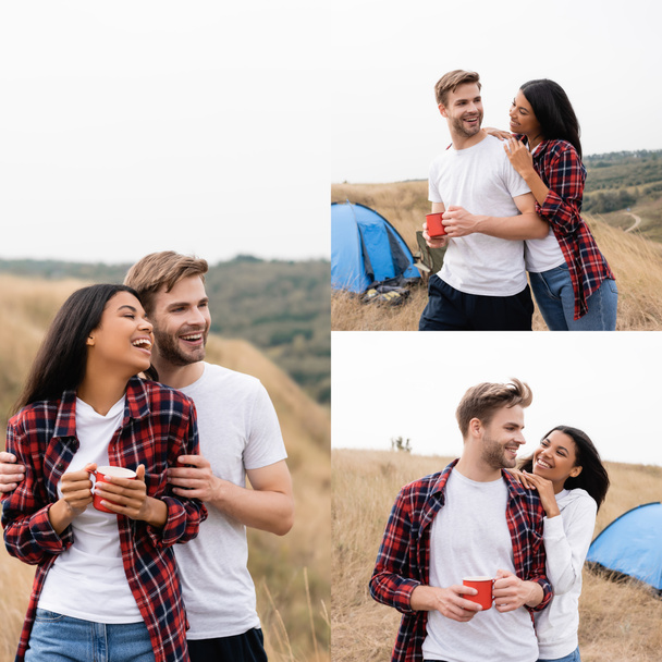 Коллаж веселой межрасовой пары с чашечкой объятий с палаткой на лужайке на заднем плане  - Фото, изображение